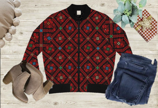 Palestinian Women's Bomber Jacket All-Over-Print Realistic Tatreez Print Jacket