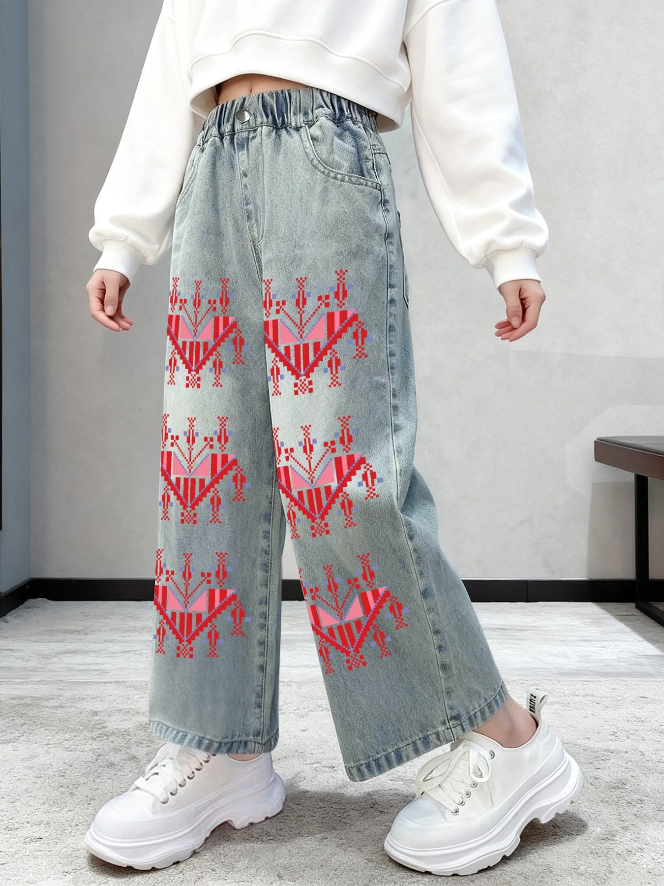 Palestinian Tatreez Print Children's Cropped Jeans (Front Printing)