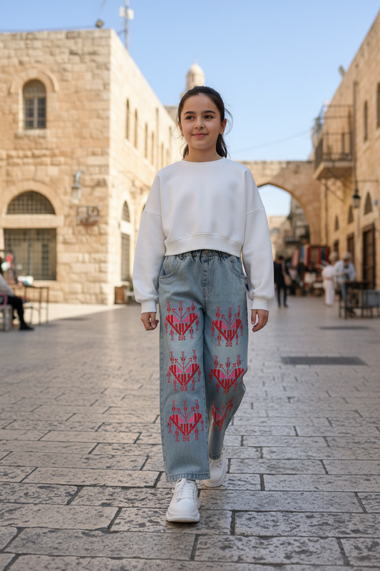 Palestinian Tatreez Print Children's Cropped Jeans (Front Printing)