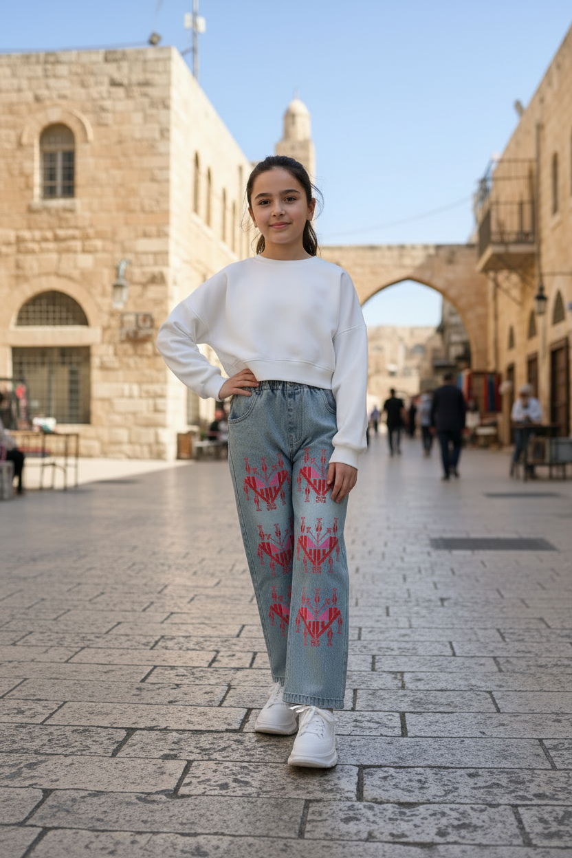 Palestinian Tatreez Print Children's Cropped Jeans (Front Printing)