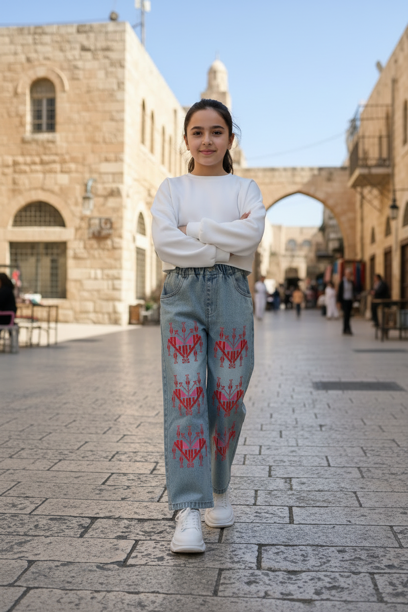 Palestinian Tatreez Print Children's Cropped Jeans (Front Printing)