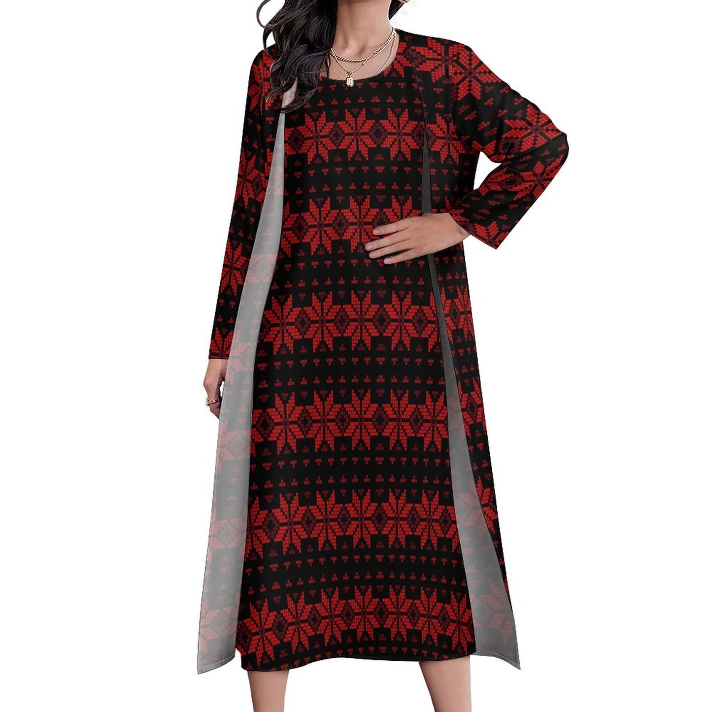 Palestinian Tatreez Print Long Dress 2 Piece Set