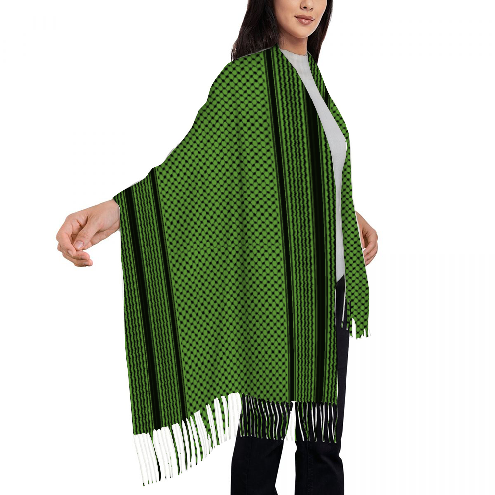 Palestinian Green Kuffiyeh Tassel Scarf for Women 28.35" x 77.56"