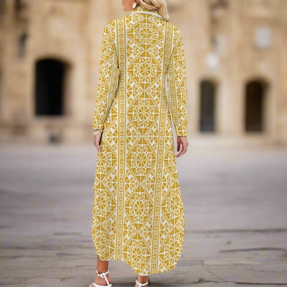 Palestinian Tatreez print Button Neck Long Sleeve Shirt Dress