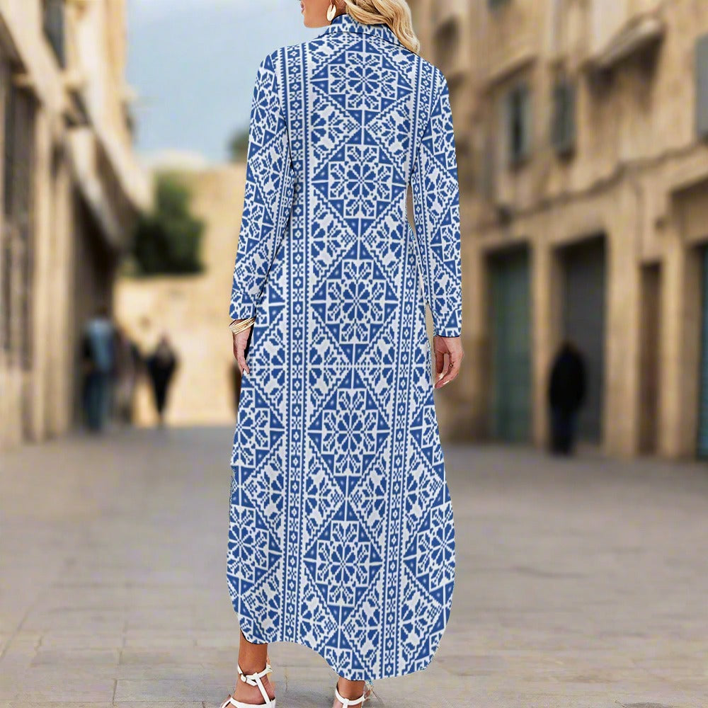 Palestinian Button Tatreez Print Neck Long Sleeve Modest Shirt Dress