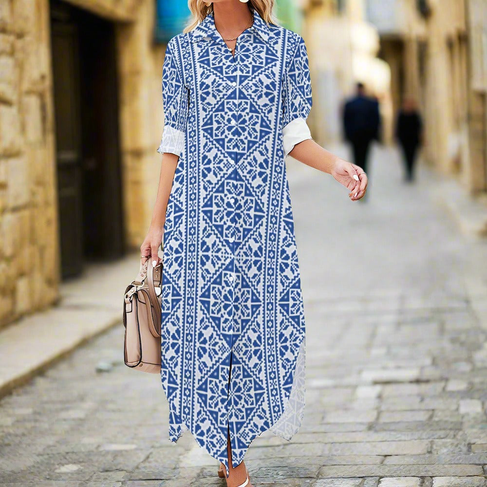 Palestinian Button Tatreez Print Neck Long Sleeve Modest Shirt Dress