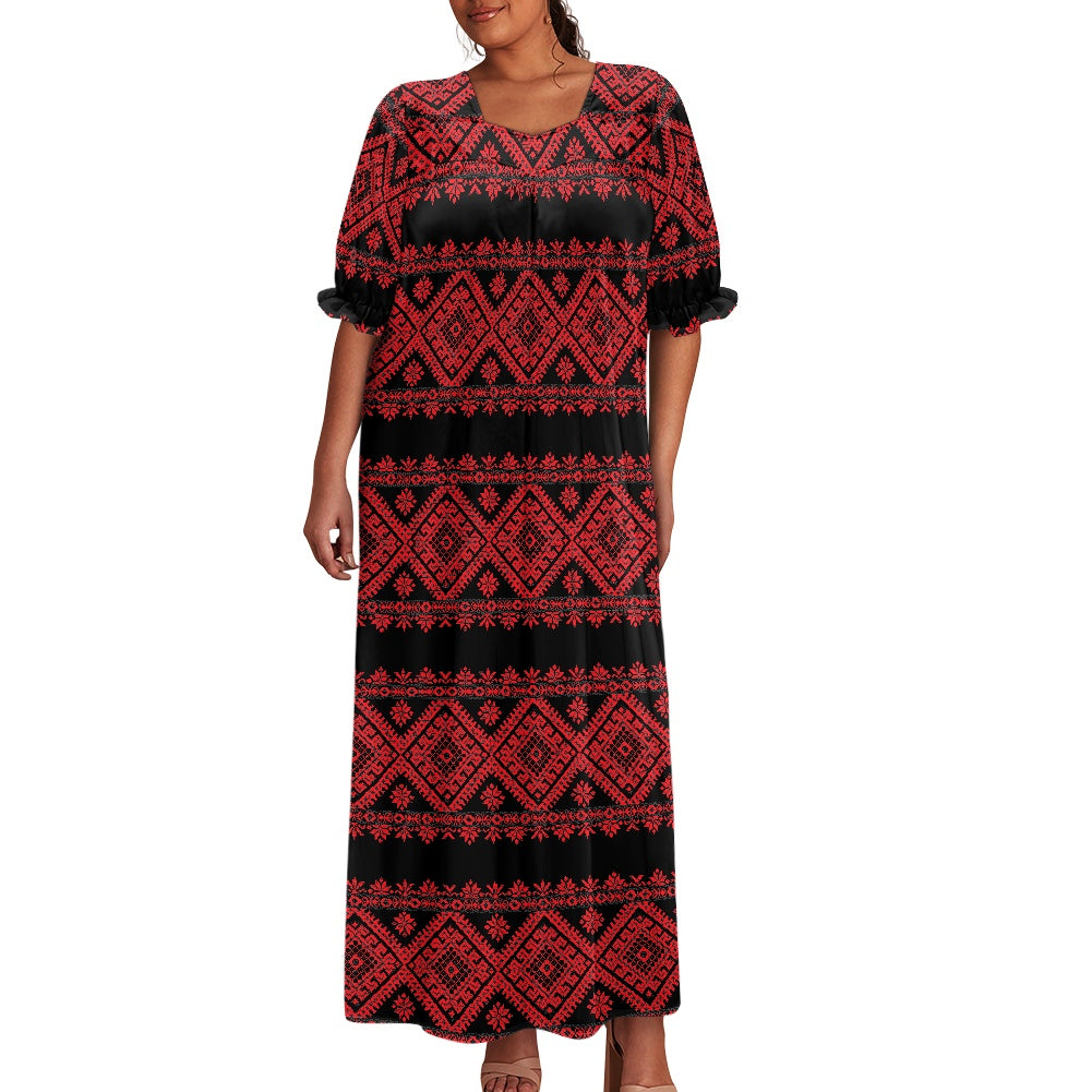 Palestinian Tatreez Print Puff sleeve dress,