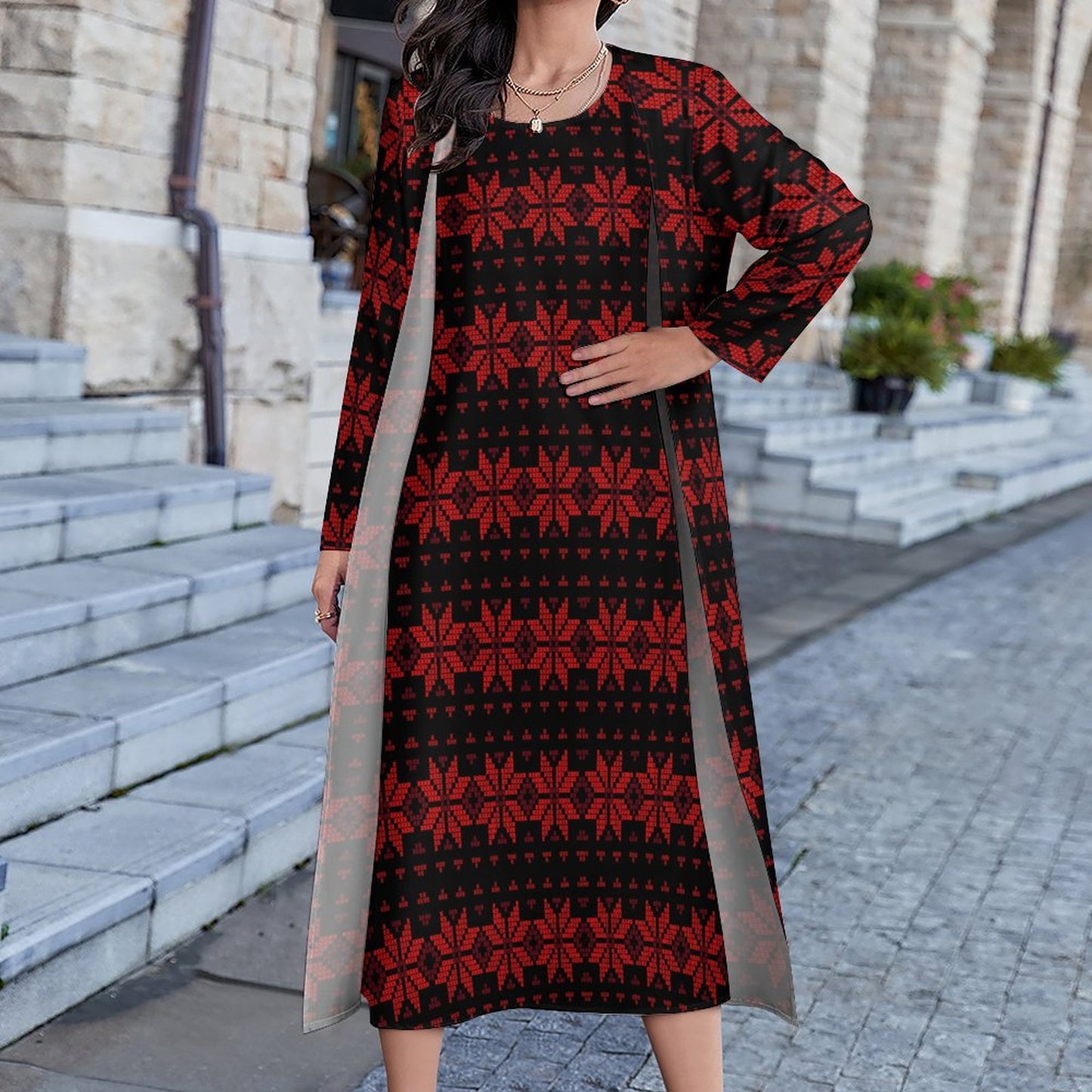 Palestinian Tatreez Print Long Dress 2 Piece Set