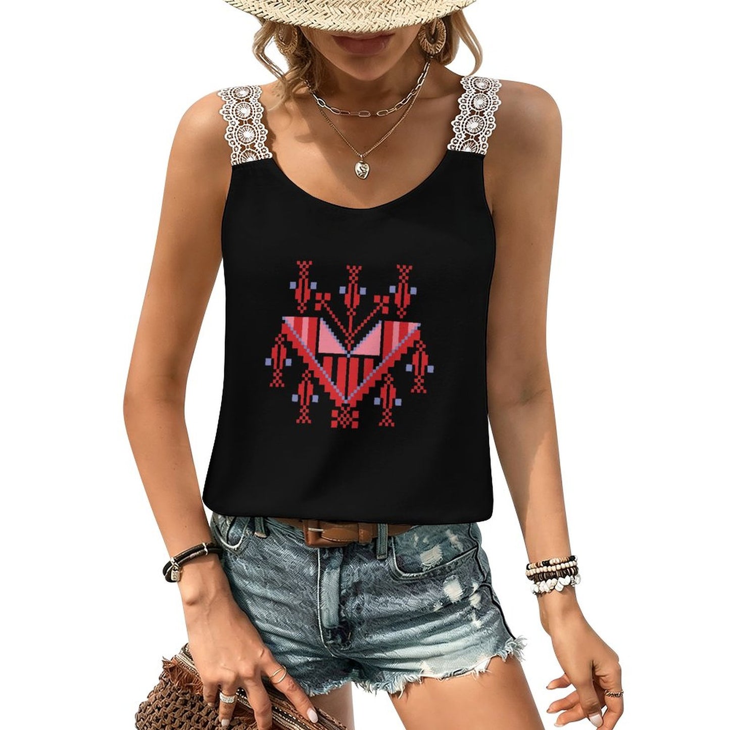 Women’s Lace Trim Camisole – Tatreez Front Print