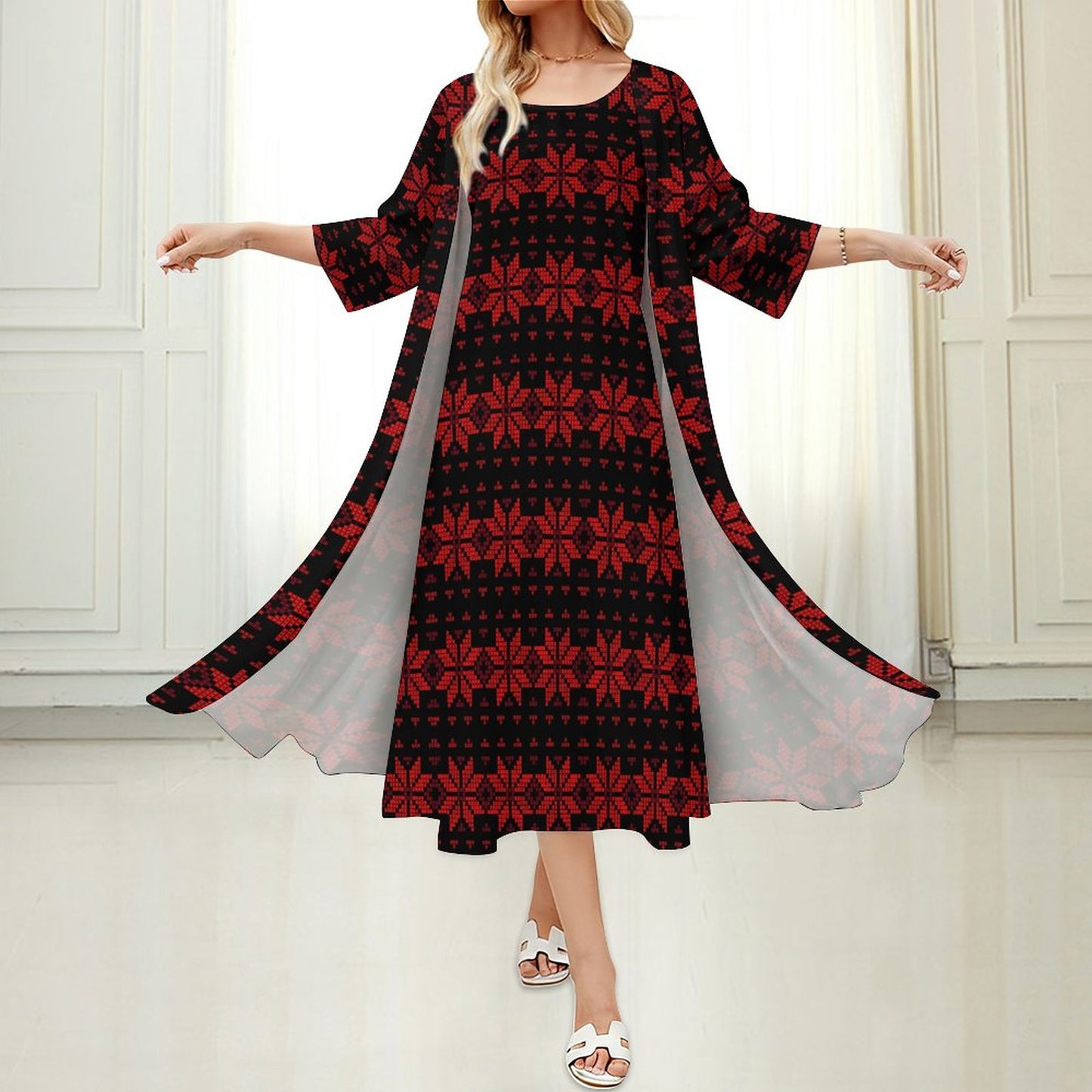 Palestinian Tatreez Print Long Dress 2 Piece Set