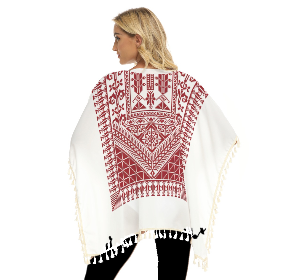 Palestinian Tatreez Print Women's Square Fringed Shawl, Red