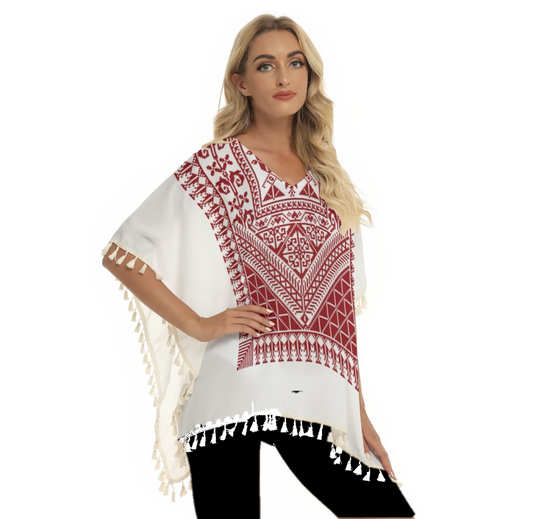 Palestinian Tatreez Print Women's Square Fringed Shawl, Red