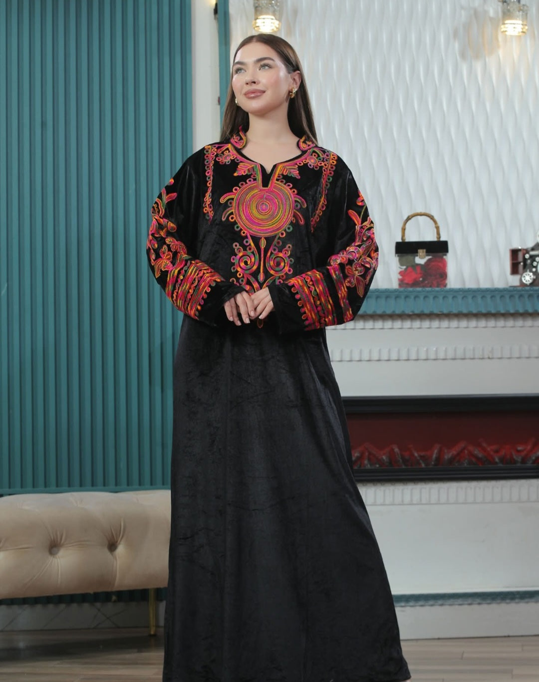 Velvet Modern Tatreez Handmade Maxi Dress