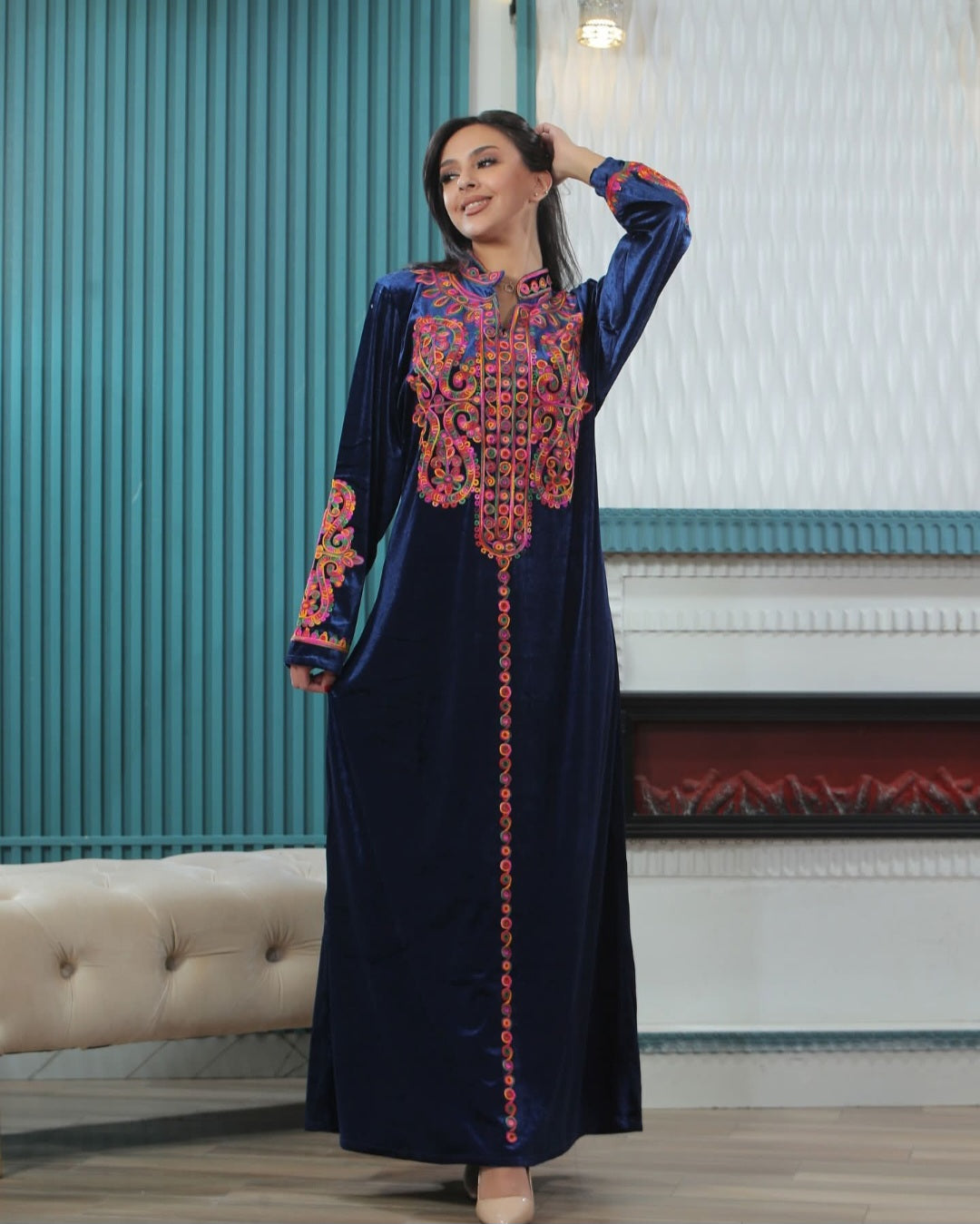 Velvet Modern Tatreez Handmade Maxi Dress