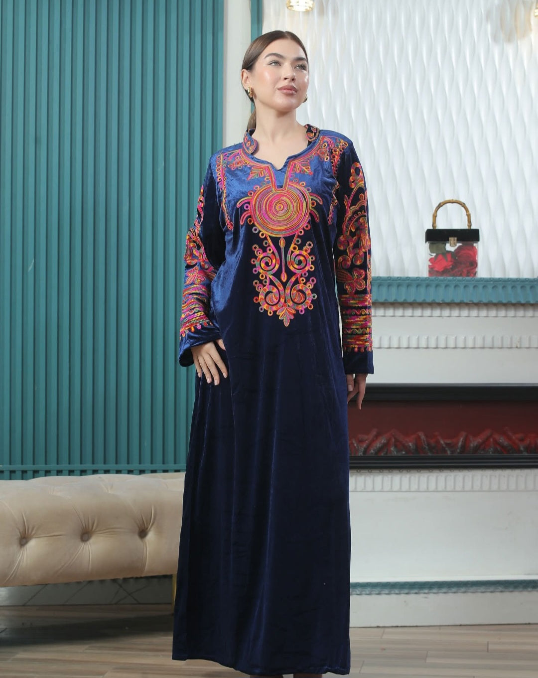 Velvet Modern Tatreez Handmade Maxi Dress