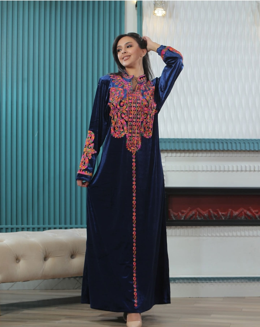 Velvet Modern Tatreez Handmade Maxi Dress