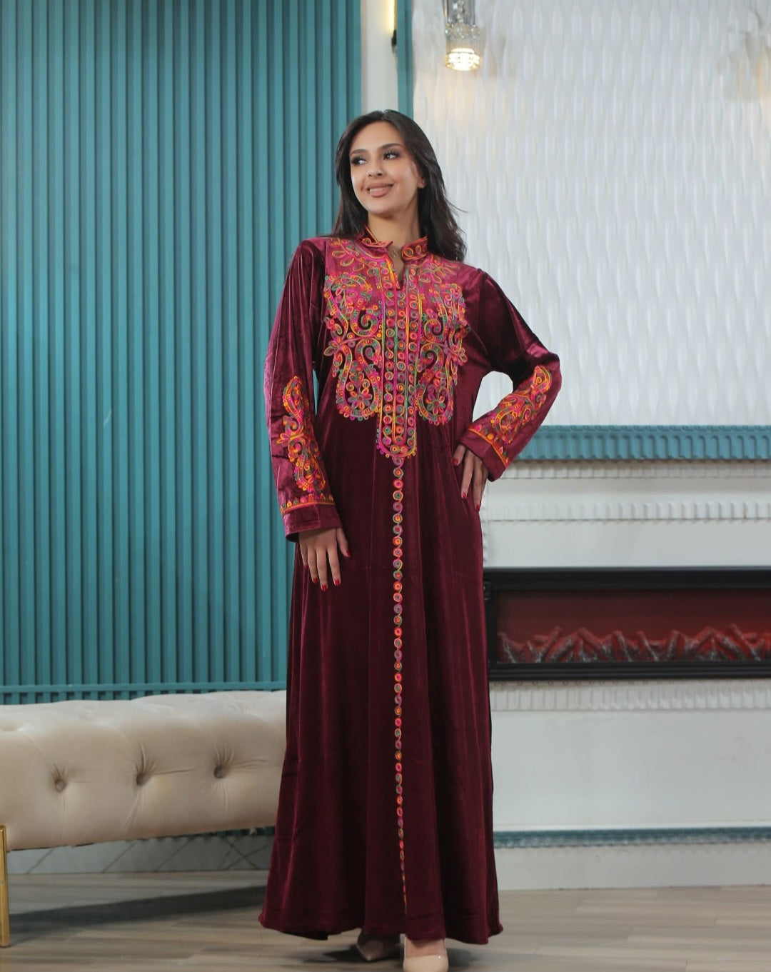 Velvet Modern Tatreez Handmade Maxi Dress