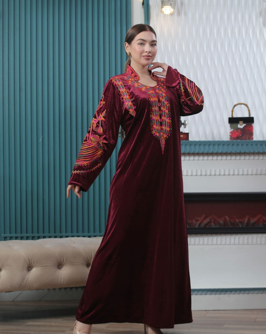 Velvet Modern Tatreez Handmade Maxi Dress