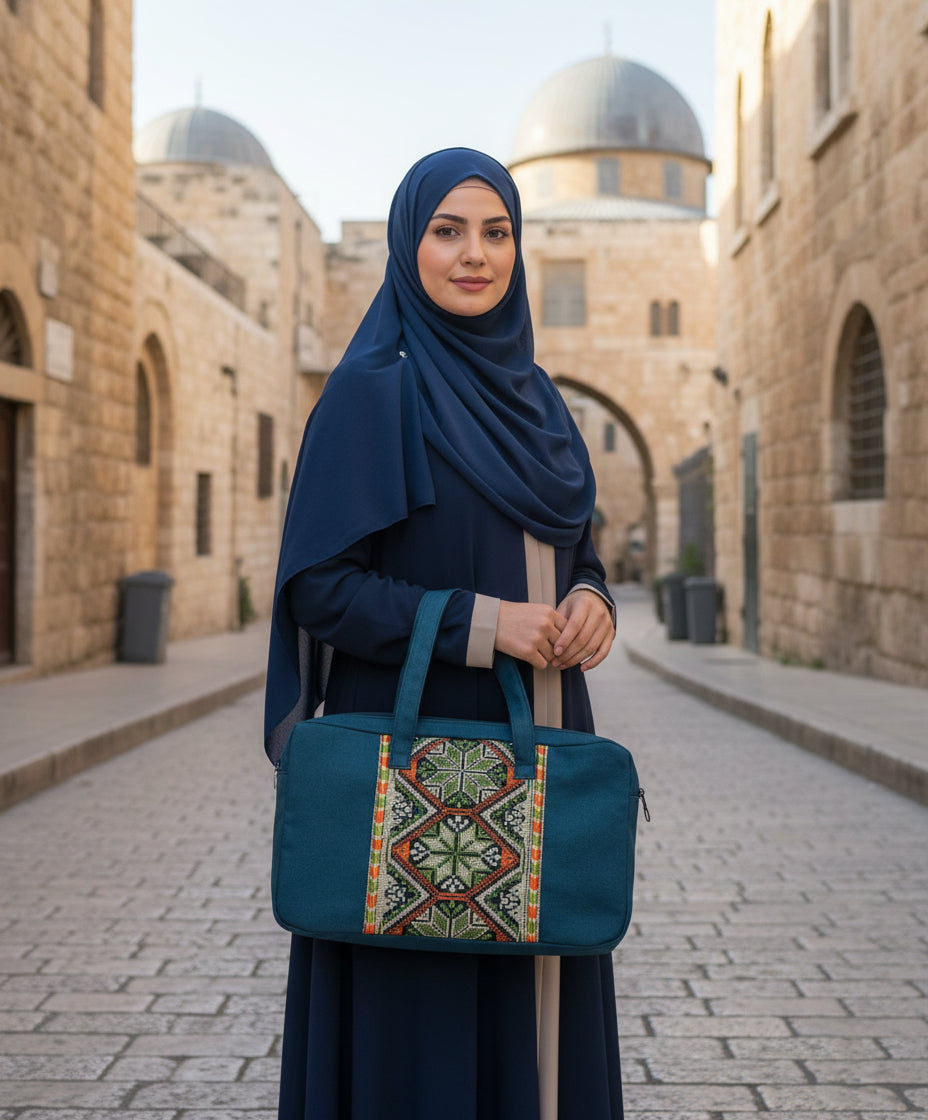 Woman in a blue hijab holding a teal tatreez embroidered palestinian bag with decorative patterns in an urban setting.