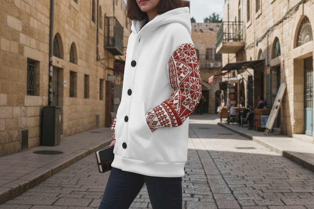 Palestinian Tatreez Print Women's Knitted Hooded Jacket