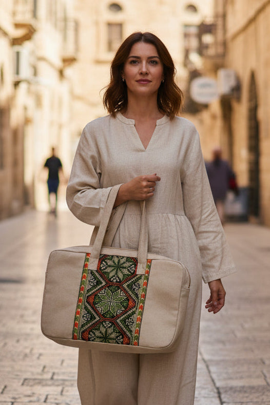 Woman holding a beige tatreez palestinian tote bag in jerusalem