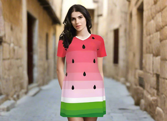 Watermelon All-Over Print Women's V Neck Dress|180GSM Cotton