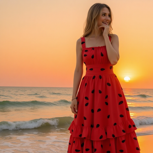 Woman in a red watermelon dress with black polka dots standing on a beach at sunset.
