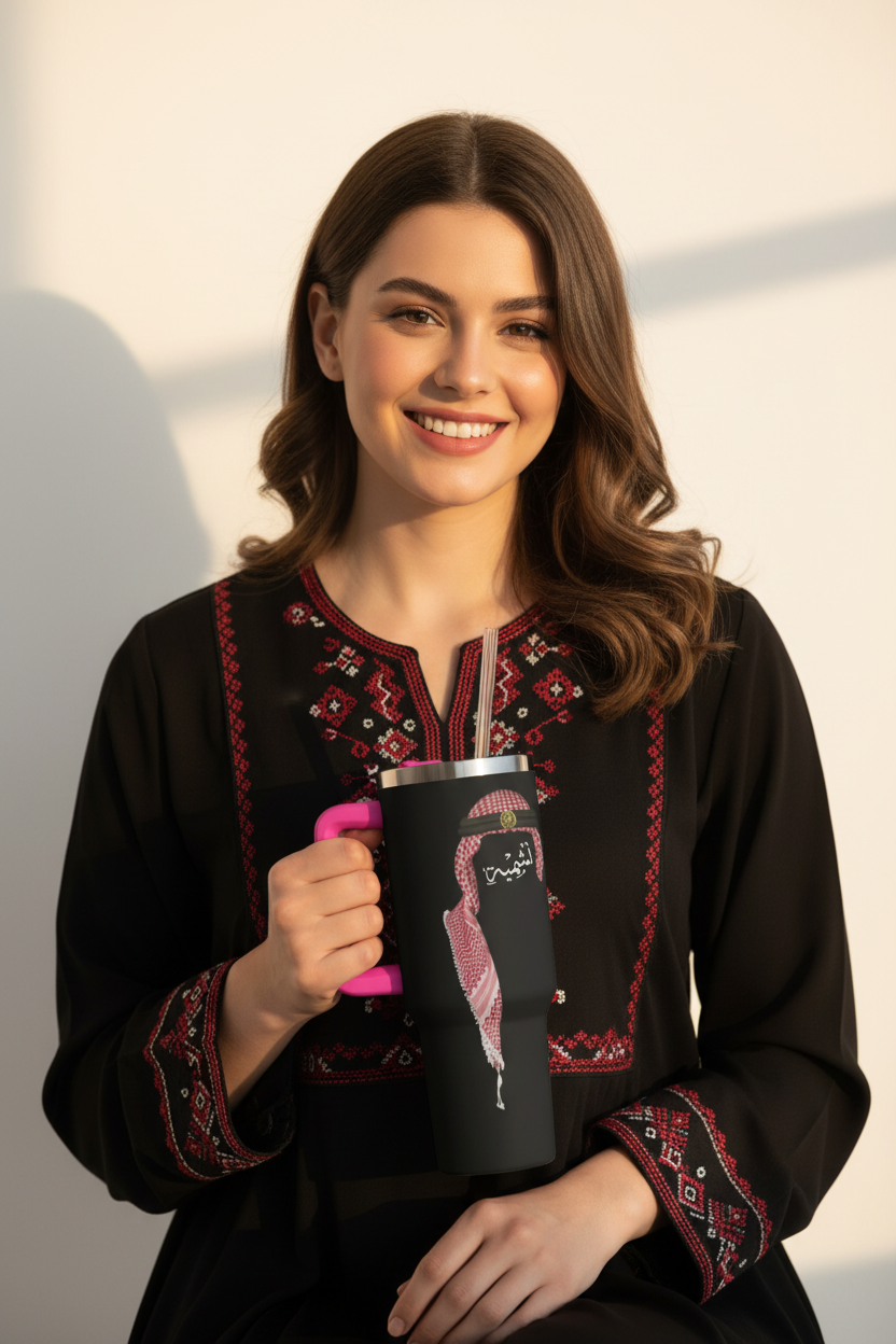 Woman holding a black mug with a pink design against a neutral background