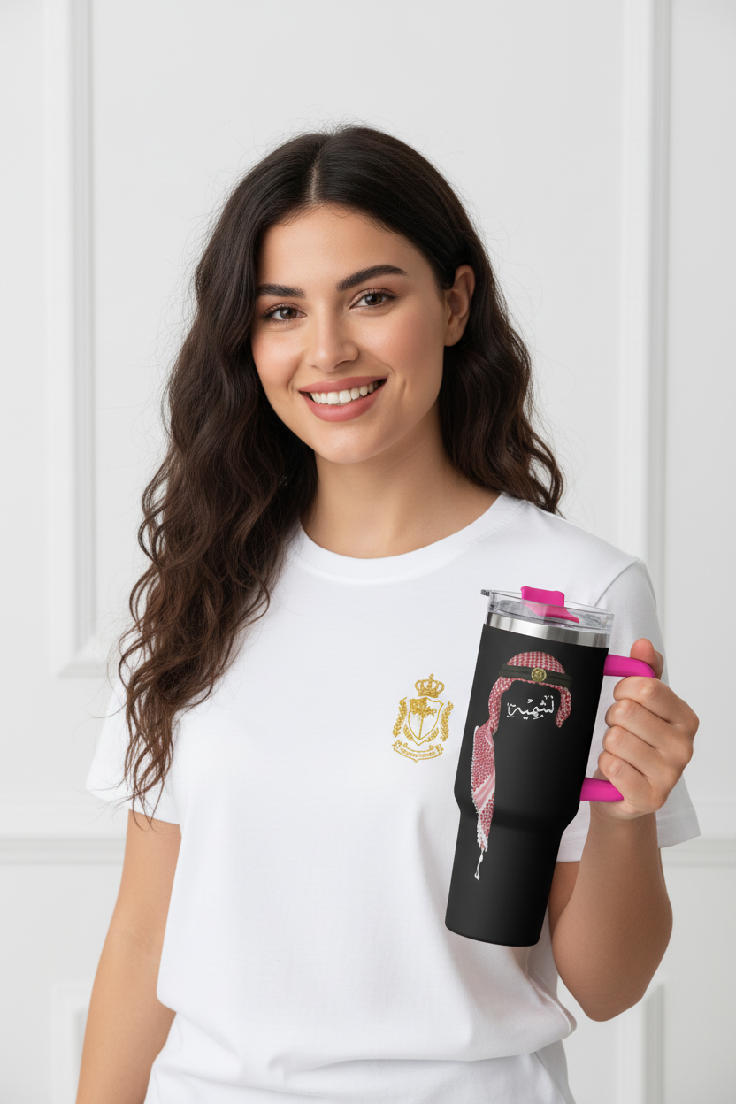 Woman holding a black tumbler with a pink lid against a white background