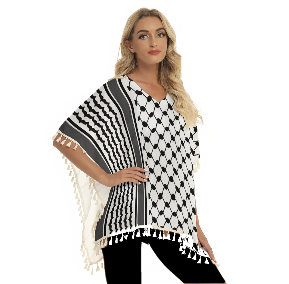 Palestinian Kuffiyeh Koufiyeh Print Women's Square Fringed Shawl -