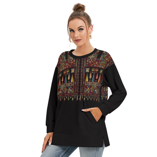 Palestinian Tatreez Pattern print - All-Over Print Women's Side Split O-neck Sweatshirt