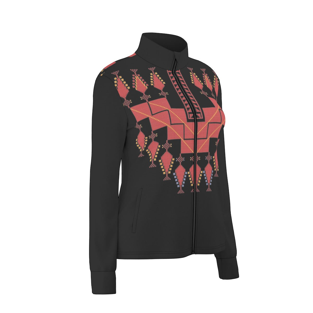 Palestinian Tatreez Print Women's Long Sleeve Thumbhole Jacket, Red