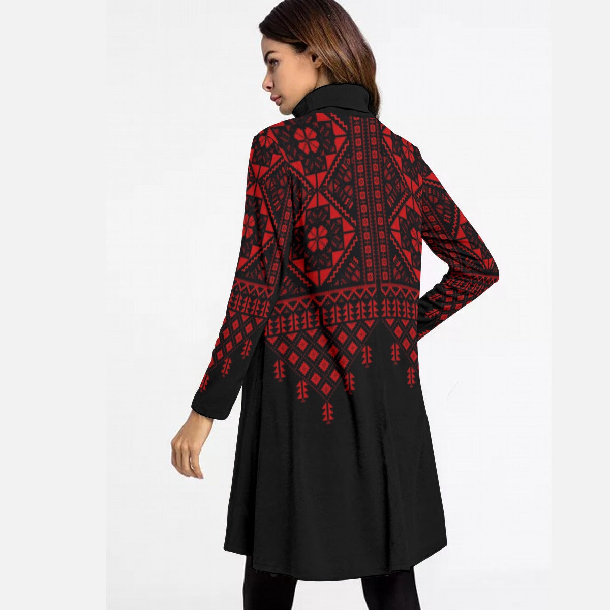 Palestinian tatreez print Women's High Neck Dress With Long Sleeve, Red