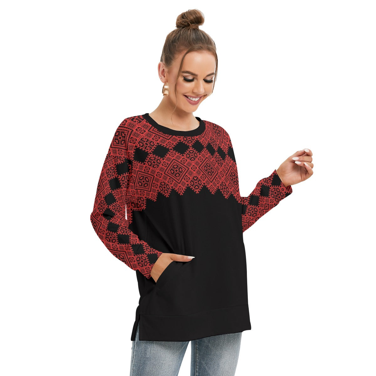 Palestinian Tatreez Pattern All-Over Print Women's Side Split O-neck Sweatshirt, Red