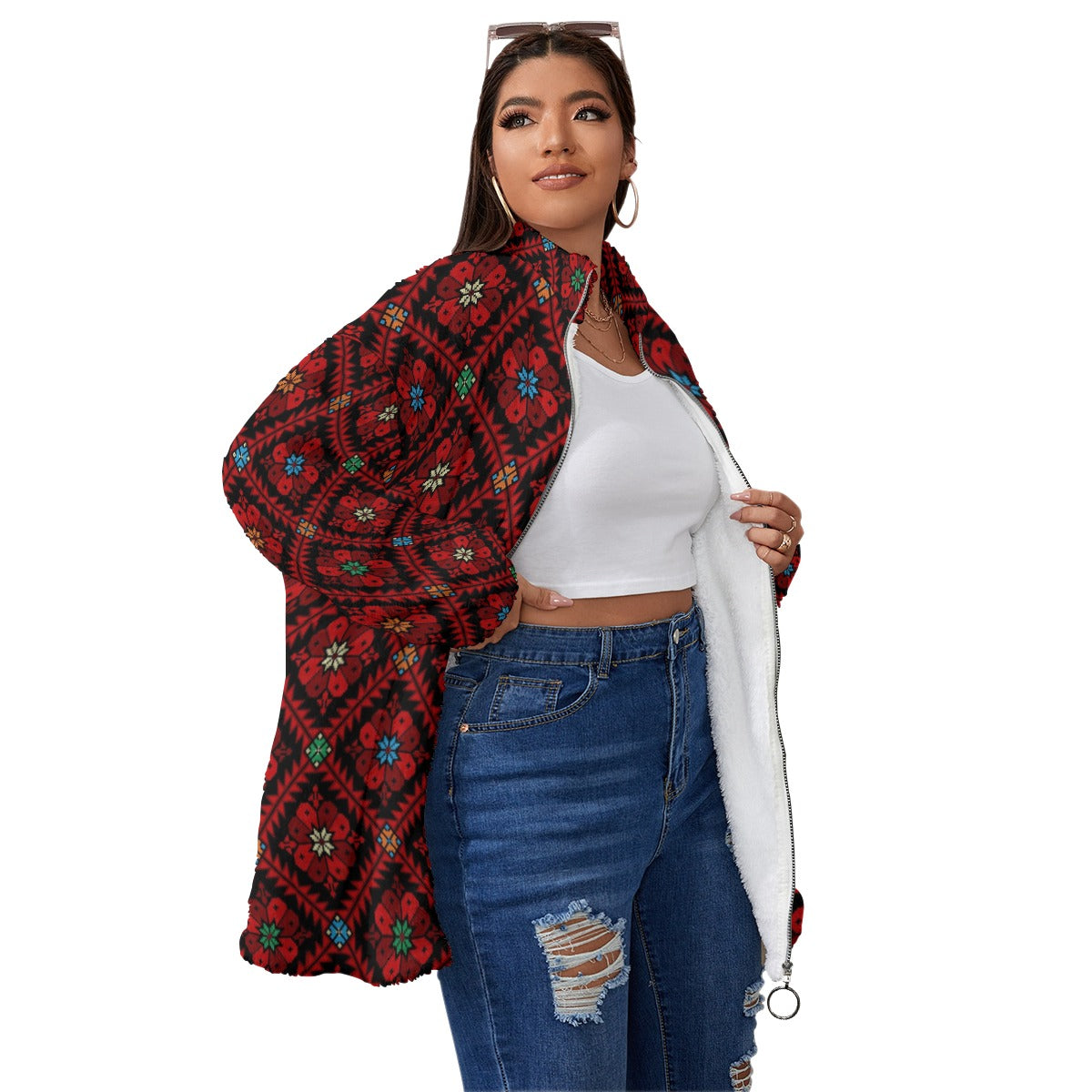 Palestinian Tatreez Print Unisex Borg Fleece Stand-up Collar Jacket (Plus Size), Red