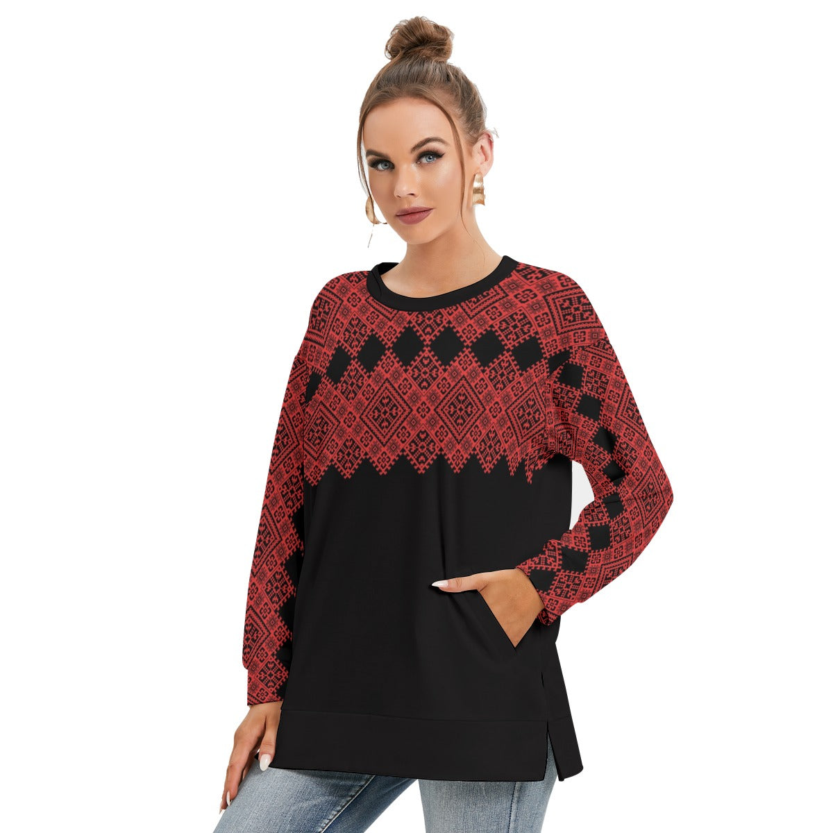 Palestinian Tatreez Pattern All-Over Print Women's Side Split O-neck Sweatshirt, Red