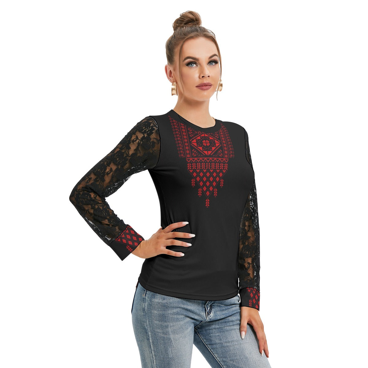 Palestinian Tatreez Print Women's T-shirt And Sleeve With Black Lace, Red