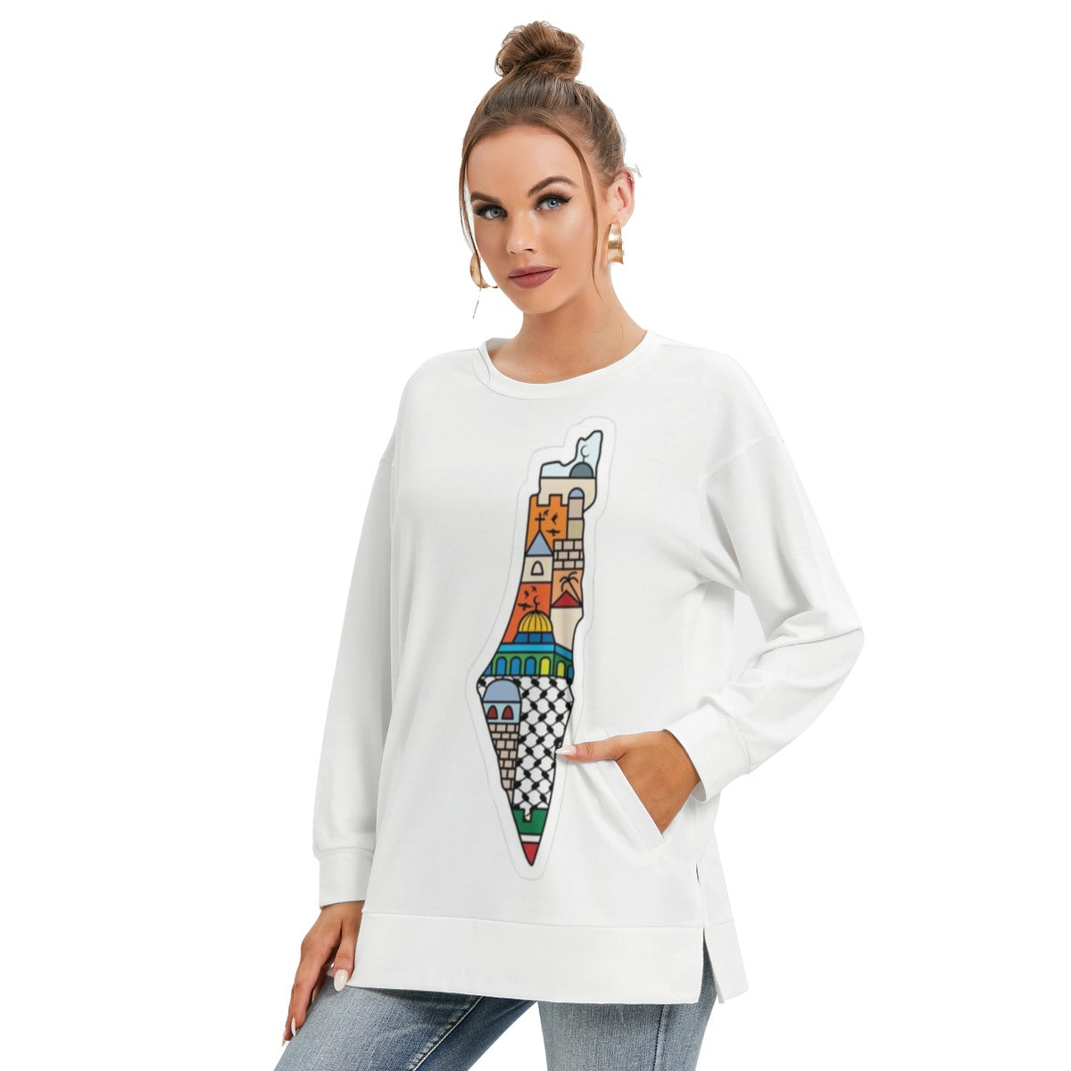 Palestinian Map All-Over Print Women's Side Split O-neck Sweatshirt