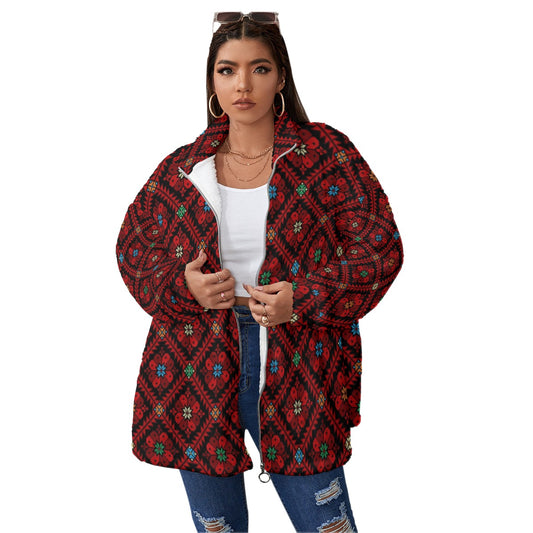 Palestinian Tatreez Print Unisex Borg Fleece Stand-up Collar Jacket (Plus Size), Red