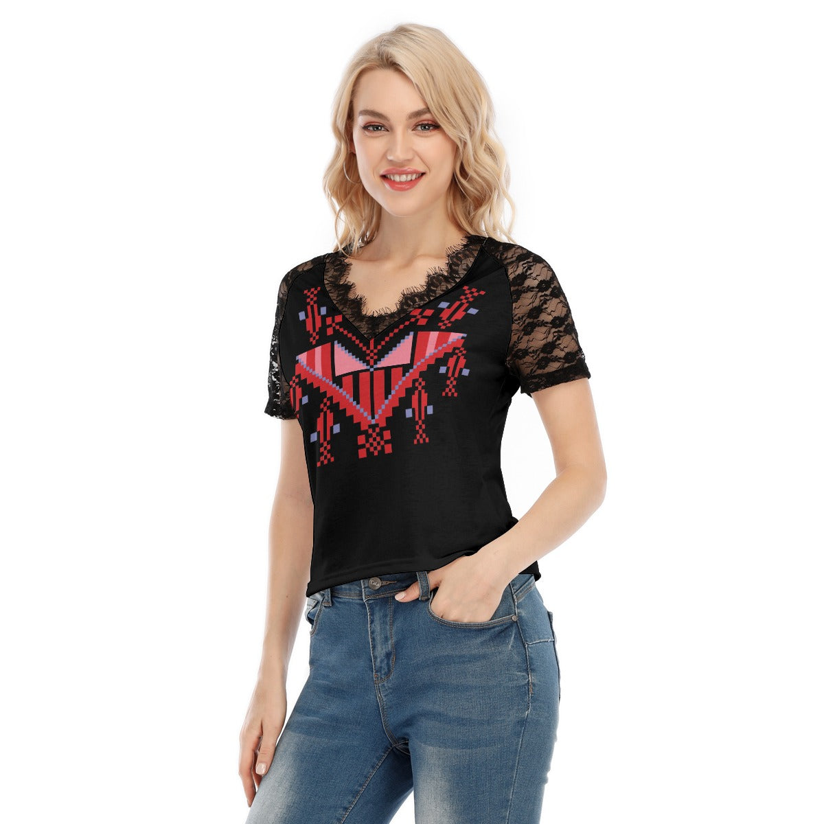 Palestinian Tatreez Print Women's V-neck T-shirt With Lace, Red