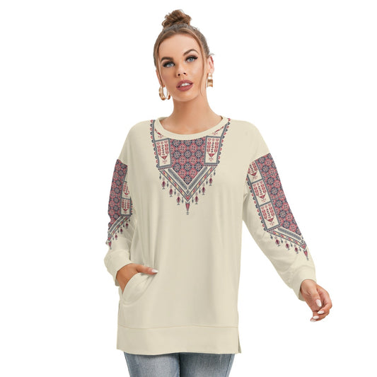 Palestinian Tatreez Over Print Women's Side Split O-neck Sweatshirt