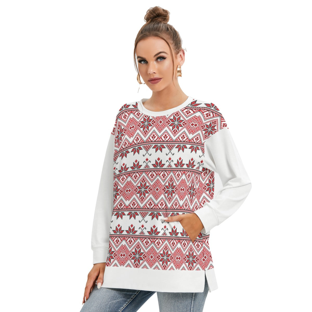 Palestinian Tatreez Pattern Print  - All-Over Print Women's Side Split O-neck Sweatshirt, Red