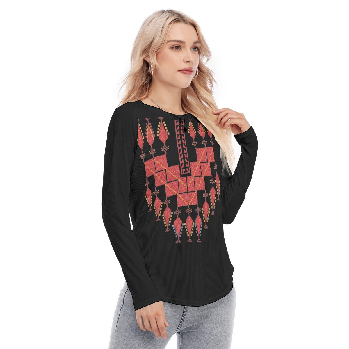 Palestinian Tatreez Print Women's Raglan Sleeves U-Shaped Hem Long Sleeves Blouse, Red