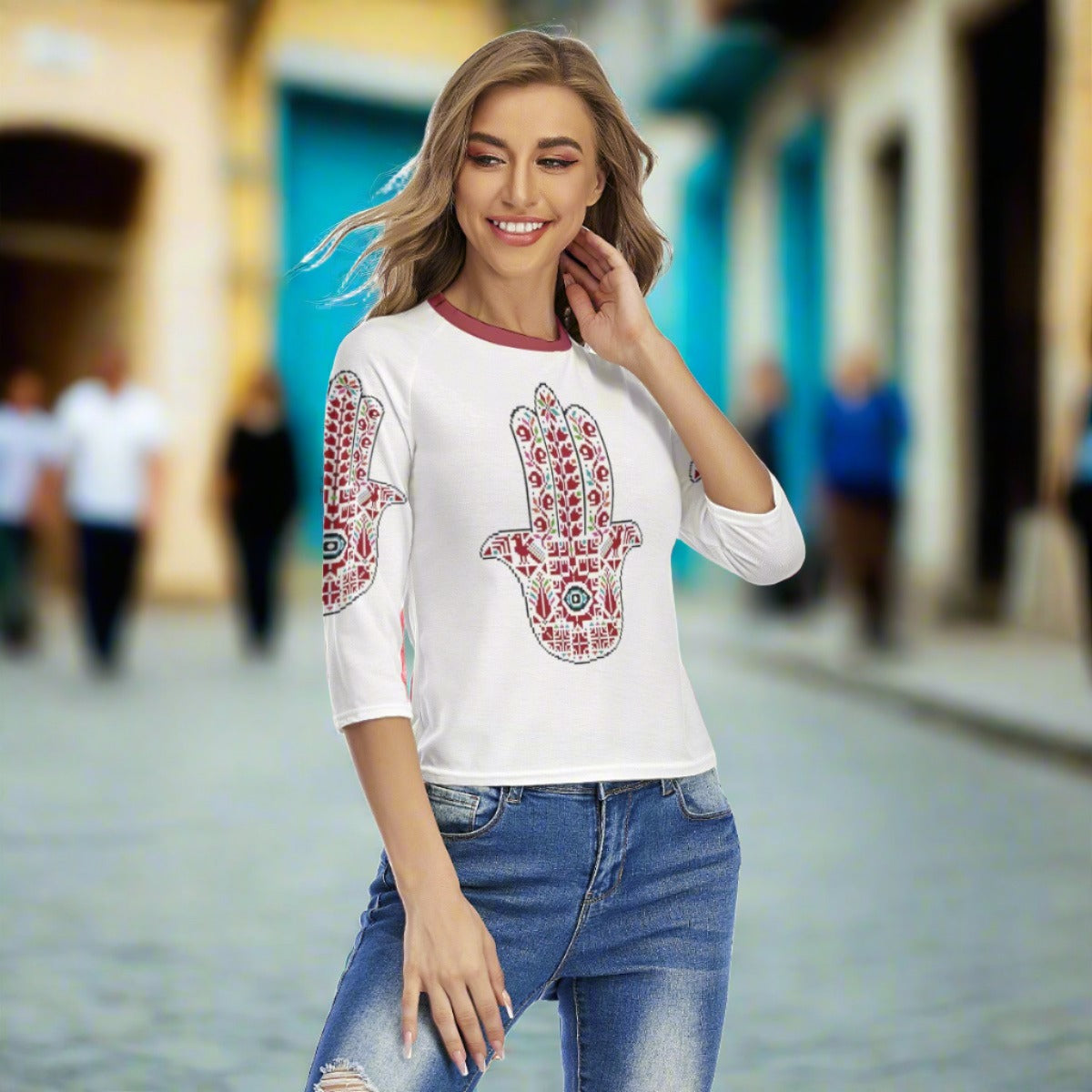 Palestinian Tatreez Hamsa Print Women's Raglan Sleeves T-shirts