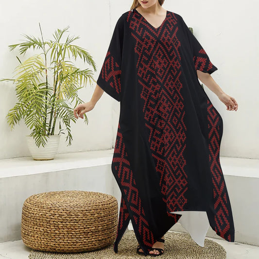 Palestinian Tatreez Print Imitation Silk V-neck Kaftan Robe Abaya,, Red