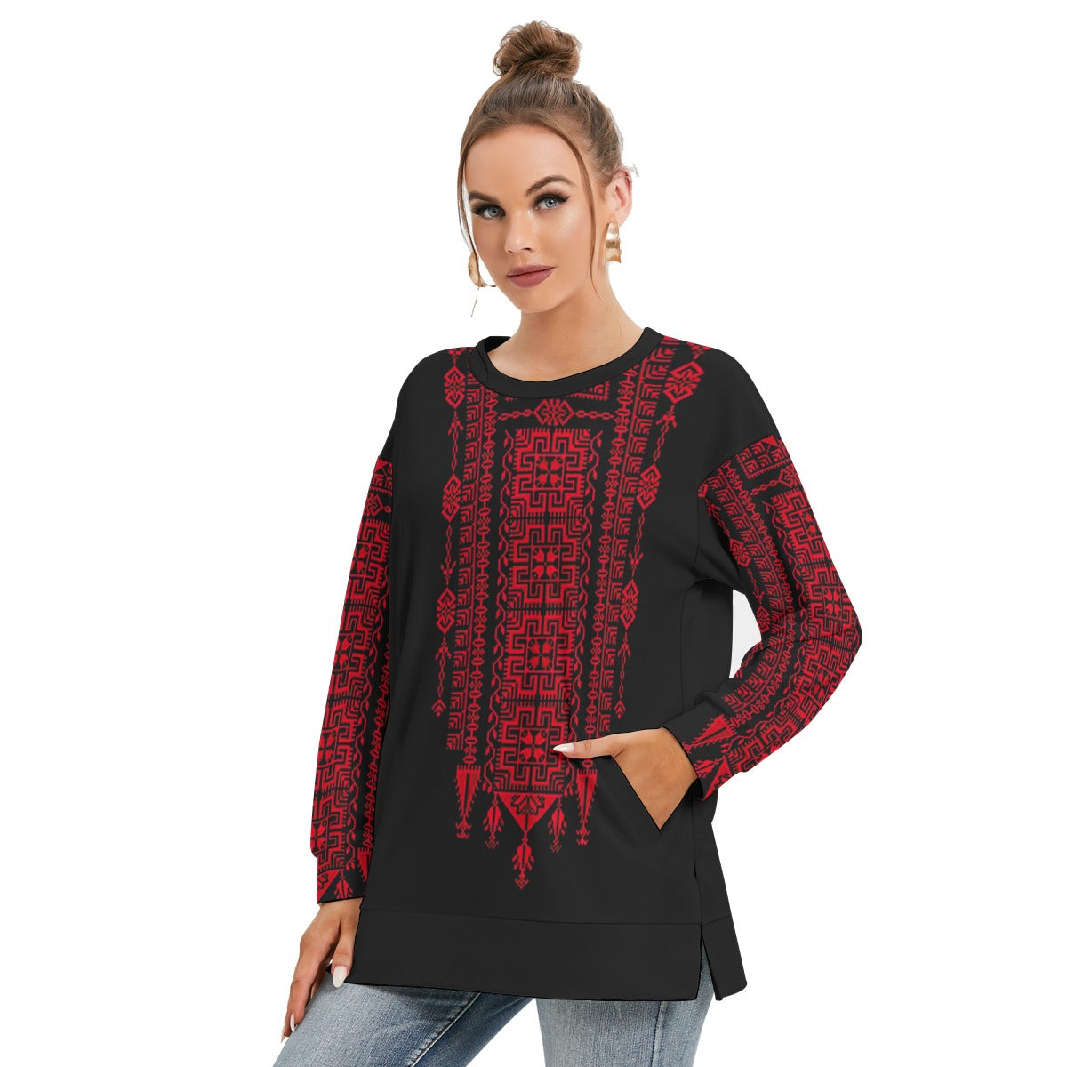 Palestinian Tatreez Print - All-Over Print Women's Side Split O-neck Sweatshirt, Red