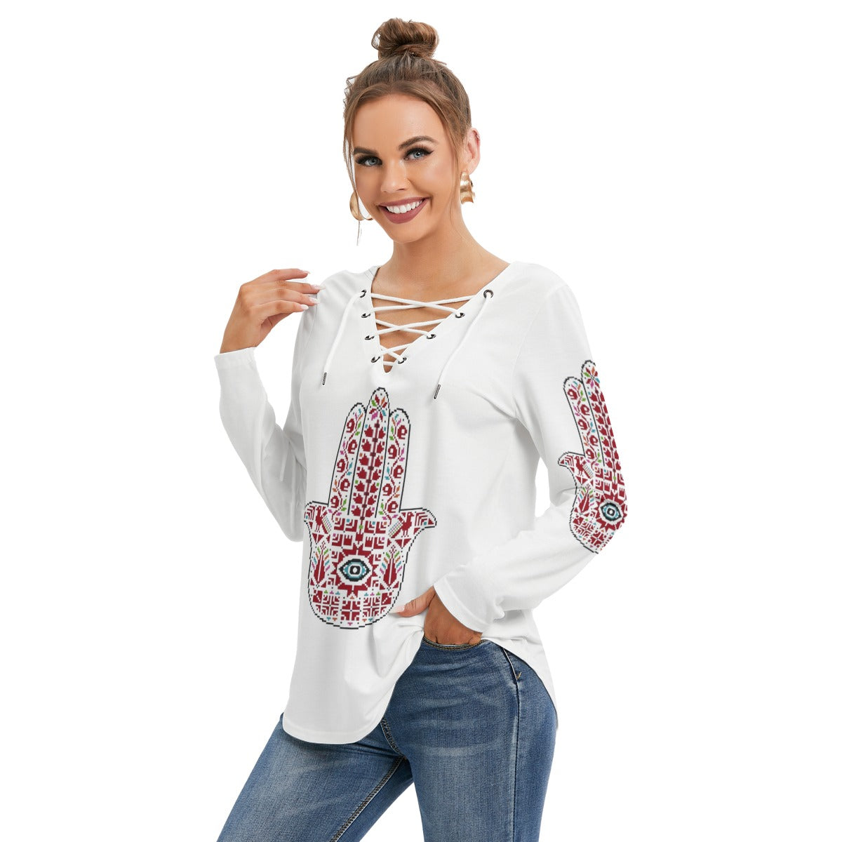 Palestinian Tatreez Print, Hamsa, Women's Long Sleeve Neckline Tie Sweatshirt, Red