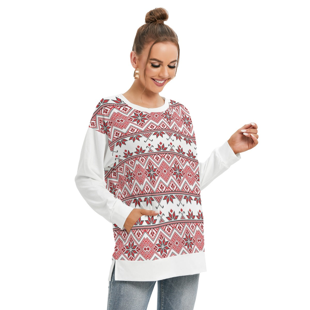 Palestinian Tatreez Pattern Print  - All-Over Print Women's Side Split O-neck Sweatshirt, Red