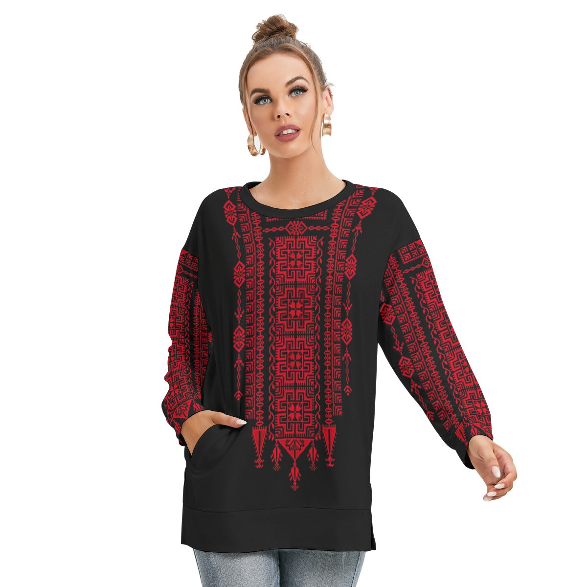 Palestinian Tatreez Print - All-Over Print Women's Side Split O-neck Sweatshirt, Red