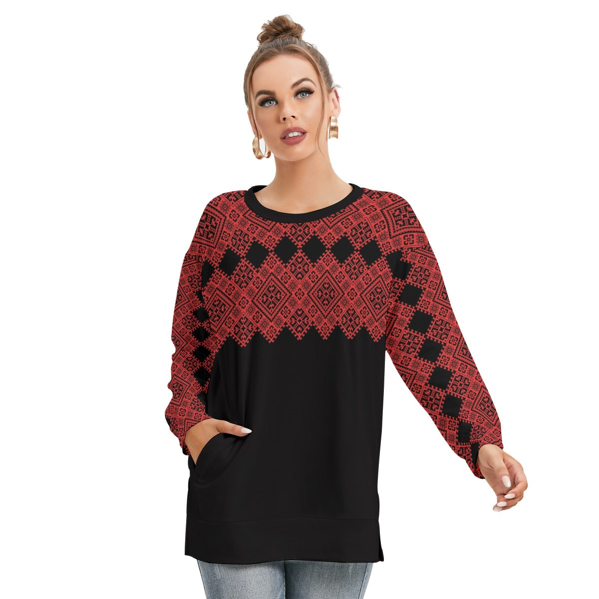 Palestinian Tatreez Pattern All-Over Print Women's Side Split O-neck Sweatshirt, Red